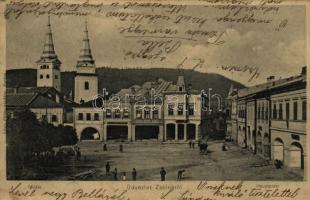 1904 Zsolna, Zilina; Fő tér, Melczer Antal, Spanyol Gábriel üzlete. Lövy Fülöp kiadása / Hauptplatz / main square, shops (Rb)