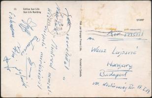 1958 Montreal, nemzetközi vízipóló mérkőzésről hazaküldött képeslap aláírásokkal