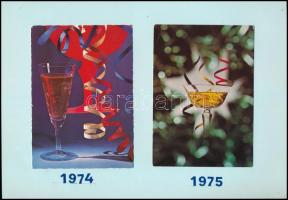 1974-1991 Újévi MODERN képeslap gyűjtemény lapokra ragasztva, néhány évből több lappal is. Összesen 20 db + 7 db újévi üdvözlőlap