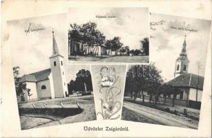 Zsigárd, Zigárd, Zihárec; Református és római katolikus templom, Fő utca / churches, main street. Art Nouveau (EK)