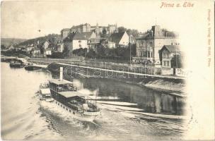 1901 Pirna an der Elbe, general view, castle, steamship. Photogr. u. Verlag Max Holdt + "DRESDEN - TETSCHEN BAHNPOST ZUG 129" railway train service cancellation