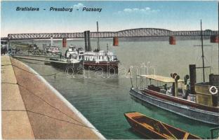 Pozsony, Pressburg, Bratislava; híd, kikötő gőzhajókkal / bridge, port and steamships