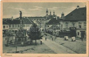 Nagyszombat, Tyrnau, Trnava; Fő tér, Szentháromság szobor, üzletek / main square, Trinity statue, shops (EK)