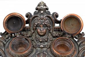 Díszes asztali fém tinta és tolltartó, üvegbetéten csorbával, 20×20 cm