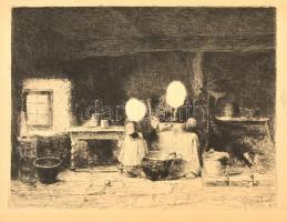 Munkácsy Mihály (1844-1900): Konyhában. Munkácsy egyetlen rézkarcának eredeti dúcról készült lenyomata (rézkarc), papír, jelzett a karcon, 20×28 cm
