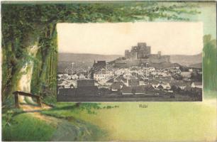 Rabí, general view with castle. Art Nouveau, litho forest frame