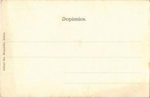 Rabí, general view with castle. Art Nouveau, litho forest frame