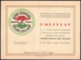 1948 Győr, Győr város ipari dolgozóinak emléklapja az új kenyér ünnepe alkalmából a munkásparaszt szövetség jegyében augusztus 20-án, Szent István napján