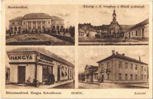 1943 Dorog, Munkásotthon, Községi római katolikus templom, Hősök szobra, kaszinó, Bányamunkások Hangya Szövetkezetének üzlete és saját kiadása