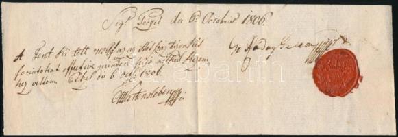 1806 Ifj. gróf Ráday Gedeon, Ráday Gedeon költő és politikus fia, az első grófi rangra emelt Ráday saját kezű aláírása és családi pecsétje gróf Wartensleben Károly által kölcsönbe vett pénz átvételi elismervényén