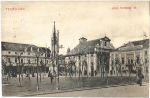 1911 Temesvár, Timisoara; Jenő herceg tér, háttérben a zsinagóga tornya, Rukavina emlékmű / square, monument, synagogue in the background
