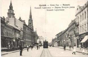Újvidék, Novi Sad, Neusatz; Kossuth Lajos utca, Pályaudvari villamos, Aich Nándor üzlete / street, tram, shops