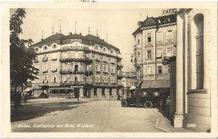 1930 Baden bei Wien, Josefsplatz mit Hotel Waldeck, Schell Benzin Pumpe Prokopp / square, hotel, automobile, cafe, shops of Cornelius Strach, gas oil station