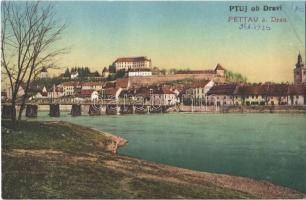 Ptuj, Pettau; general view with castle and wooden bridge