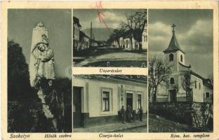 1944 Szokolya, Hősök szobra, emlékmű, Csurja üzlet, utca, Római katolikus templom. Csurja József saját kiadása (EK)