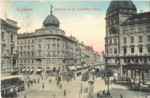 1910 Budapest VIII. Rákóczi út és Erzsébet körút, villamosok, Zálogkölcsön Intézet, Drogéria, üzletek. Taussig A. (EK)