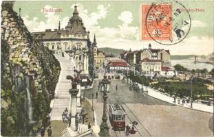 1908 Budapest I. Tabán, Döbrentei tér, Czigler-féle sarok palota, villamos, Keller Ignác tabáni bor és sörcsarnoka. TCV card