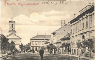 1906 Nagyszentmiklós, Sannicolau Mare; Sas utca, Takarékpénztár, Mausz János üzlete. Kiadja Wiener Náthán / street, savings bank, shops (EK)