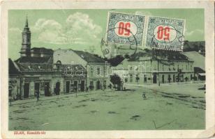 1919 Zilah, Zalau; Kossuth tér, templom, Seres Samu, Éder M. és fia, Pergei üzlete / square, church, shops (kopott sarkak / worn corners)