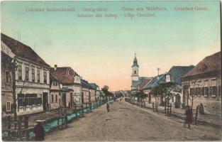 1911 Szászsebes, Mühlbach, Sebesul Sasesc, Sebes; Görög utca, Ortodox templom. J. Hientz kiadása / street view, Greek Orthodox church