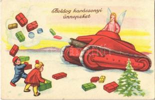 1940 Boldog Karácsonyi Ünnepeket! tank angyallal / Christmas greeting art postcard with angel and tank (EK)