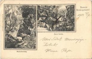 1903 Kovácspatak, Kovacov; Medve-barlang, Ámor forrás. Kiadja Wallfisch S. (Esztergom) / cave entrance, spring source (EK)