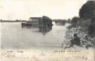 1904 Eszék, Esseg, Osijek; Dráva part, úszó vízi hajómalom (vízimalom) / Drava riverside, floating watermill (boat mill) (r)
