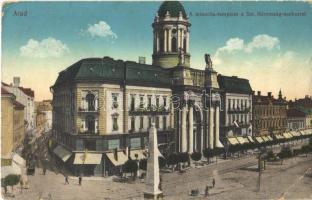 Arad, Minorita templom, Szentháromság szobor, üzletek. Kerpel Izsó kiadása / church, Holy Trinity st...