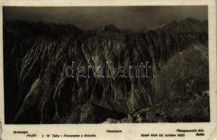 1934 Tátra, Magas-Tátra, Vysoké Tatry; Panorama s Krivána, Woloszyn, Hrubo, Miedziane, Mengusovské stíty, Basta / Panoráma a Krivánnal, Woloszyn, Hrubo-gerinc, Miedziane, Menguszfalvi-csúcsok, Bástya-gerinc / mountains (EM)