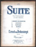 Dohnányi Ernő: Suite für Orchester in vier Sätzen. Op. 19. Leipzig-Wien, Ludwig Doblinger. Papírkötésben, szétvált kötéssel, hiányos, elvált borítóval, rossz állapotban.
