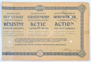 Debrecen 1911. Debreczeni Helyi Vasút Részvénytársaság részvénye 250K-ról, lyukasztással érvénytelenítve T:III ragasztott, széle vágott