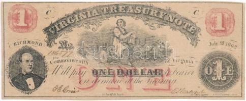 Amerikai Konföderációs Államok / Virginia / Richmond 1862.1$ T:III kis szakadás Confederate States of America / Virgina / Richmond 1862. 1 Dollar C:F small tear