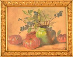 Bauer Margit (?-?): Zöld vázás csendélet. Akvarell, papír, antik kopott üvegezett keretben 21×30 cm