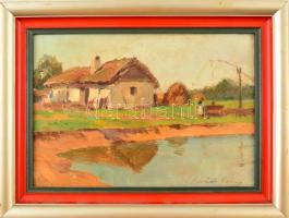 Zórád Géza (1886-1944): Paraszt ház a vízparton. Olaj, karton, jelzett, keretben, 17×25 cm