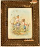 cca 1880 Romantikázó ifjak (2 db), színes litográfia, nyitható üveglapok között, antik sérült keretben, 24×19 cm
