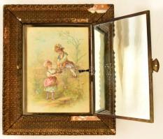 cca 1880 Romantikázó ifjak (2 db), színes litográfia, nyitható üveglapok között, antik sérült keretb...