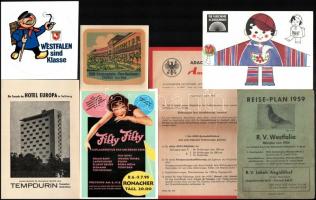 7 db vegyes német nyomtatvány, közte matrica és hotelajánló (Reiseplan 1959 R.V. Westfalia, Hotel Europa Salzburg, ADAC Auslandshilsdienst)