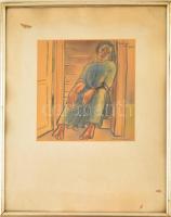 Oelmacher Anna (1908-1991): Bóbiskoló asszony (tanulmány). Akvarell-tus, papír, jelzett, üvegezett keretben, 24×24 cm