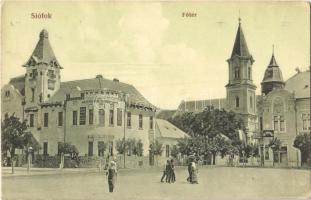 Siófok, Fő tér, Balatonvidéki Takarékpénztár, templom. Sámuel Adolf kiadása (EK)