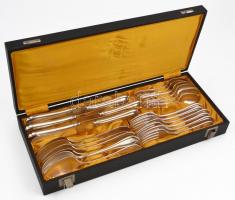 Ezüstözött fém étkészlet, 24 db, dobozban, h: 24 cm és 15 cm közötti méretben, doboz: 18x43x6 cm