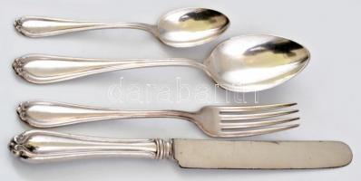 Ezüstözött fém étkészlet, 24 db, dobozban, h: 24 cm és 15 cm közötti méretben, doboz: 18x43x6 cm