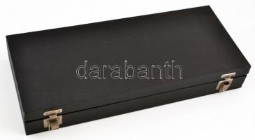 Ezüstözött fém étkészlet, 24 db, dobozban, h: 24 cm és 15 cm közötti méretben, doboz: 18x43x6 cm