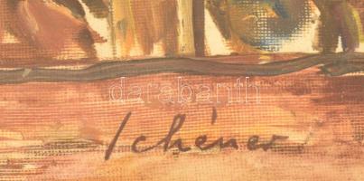 Schéner jelzéssel: Házak a vízparton. Olaj, vászon, üvegezett keretben, 36,5×44 cm