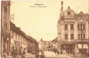 1915 Temesvár, Timisoara; Fő utca, Nenadovits, Haring, Schild Károly, Toffler Jakab, Lazarevits Gy. üzlete, Marokkaner szálloda, villamossín. Morovetz Testvérek kiadása / main street, shops, hotel, tramway - képeslapfüzetből / from postcard booklet