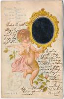 1902 Spieglein, Spieglein in meiner Hand, Wer ist die Schönste im ganzen Land. Patent LDF / Angyalkás üdvözlőlap valódi tükörrel / Greeting art postcard with real mirror. litho