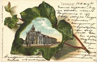 1903 Temesvár, Timisoara; Temes-Béga palota. Káldor Zs. és Társa kiadása. Szecessziós dombornyomott litho művészlap borostyánlevéllel / Timis-Bega river regulation palace. Art Nouveau Emb. litho with ivy leaves (apró lyuk / tiny pinhole)