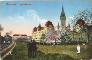 Temesvár, Timisoara; Főgimnázium, vasútvonal, gőzmozdony, vonat / high school, railway line, locomotive, train (Rb)