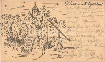 1898 Nagyigmánd, templom, gémes kút. Saját kézzel rajzolt. 2 Ga.