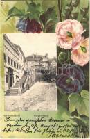 1902 Nagyszeben, Hermannstadt, Sibiu; Burgerstiege / Várlépcső, üzlet. Szecessziós virágos litho keret. Carl F. Jickeli kiadása / castle stairs, shop. Art Nouveau floral litho frame