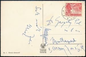 1954 Czibor Zoltán által írt képeslap Svájcból, rajta a saját és felesége aláírásával
